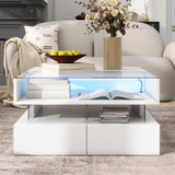 Lift-Top Coffee Table with 2 Drawers, LED Lights Square Coffee Table with Glass Top and High-Gloss Finish, Hidden Space for Living Room, Party, Office, Reception (White-@R) Tdewlye