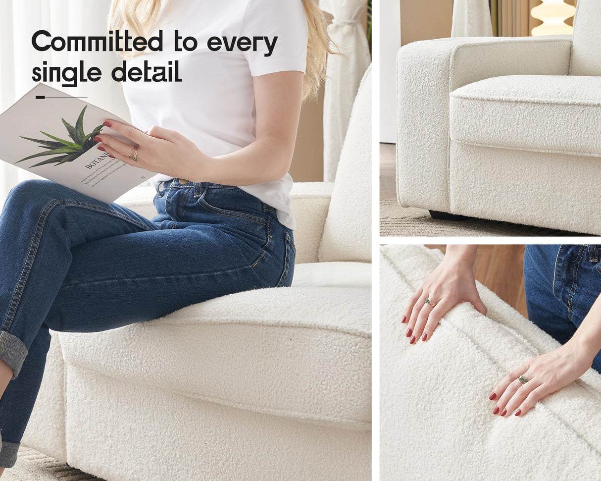 VanAcc Modern Sofa, 89in Comfy Couch with Cup Holders & USB Charging Ports, Offwhite Bouclé Couch- Deep Seat Sofa Couch for Living Room VanAcc