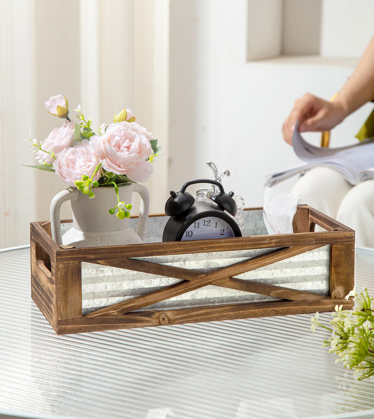 Venalys Wooden Toilet Tank Basket, Rustic Bathroom Decor Box, Farmhouse Toilet Paper Organizer Holder, Decorative Bathroom Storage Basket, Barn Door (Brown) Venalys