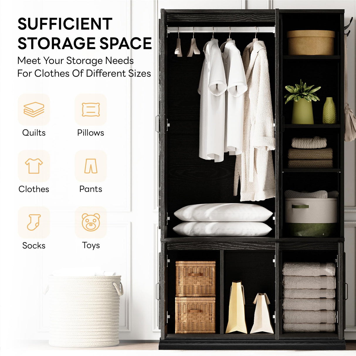 LIKIMIO Armoire Wardrobe Closet 70" H, 5 Doors Bedroom Wooden Wardrobe with 4 Storage Shelves and Hanging Rod, Clothing Storage Cabinet Organizer Combination, Black LIKIMIO