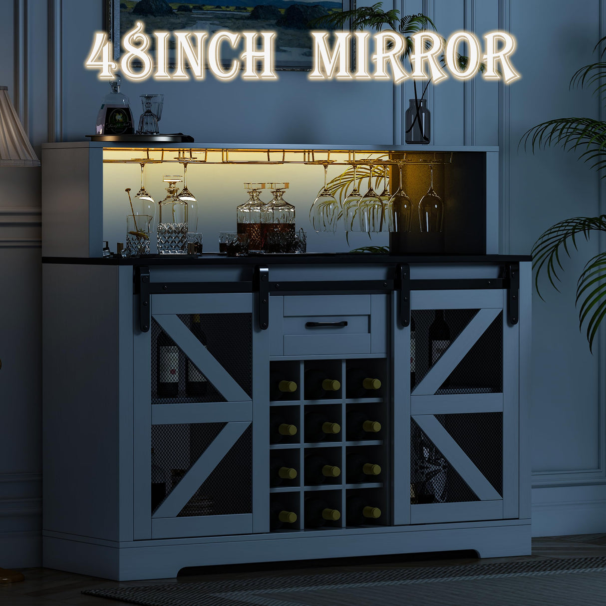 Wine Bar Cabinet with LED Strip, 48" Farmhouse Wine Cabinet with 12 Wine Racks and Power Outlet, Sliding Barn Door, Liquor Cabinet with Adjustable Shelf for Dining, Living Room wanan