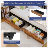 MU Twin Corner Bed Frame with Storage Bookcase and Headboard, Metal Daybed with LED Lights, Charging Station, Shelves and Drawers for Living Room, Bedroom & Guest Room, Rusic Brown MU