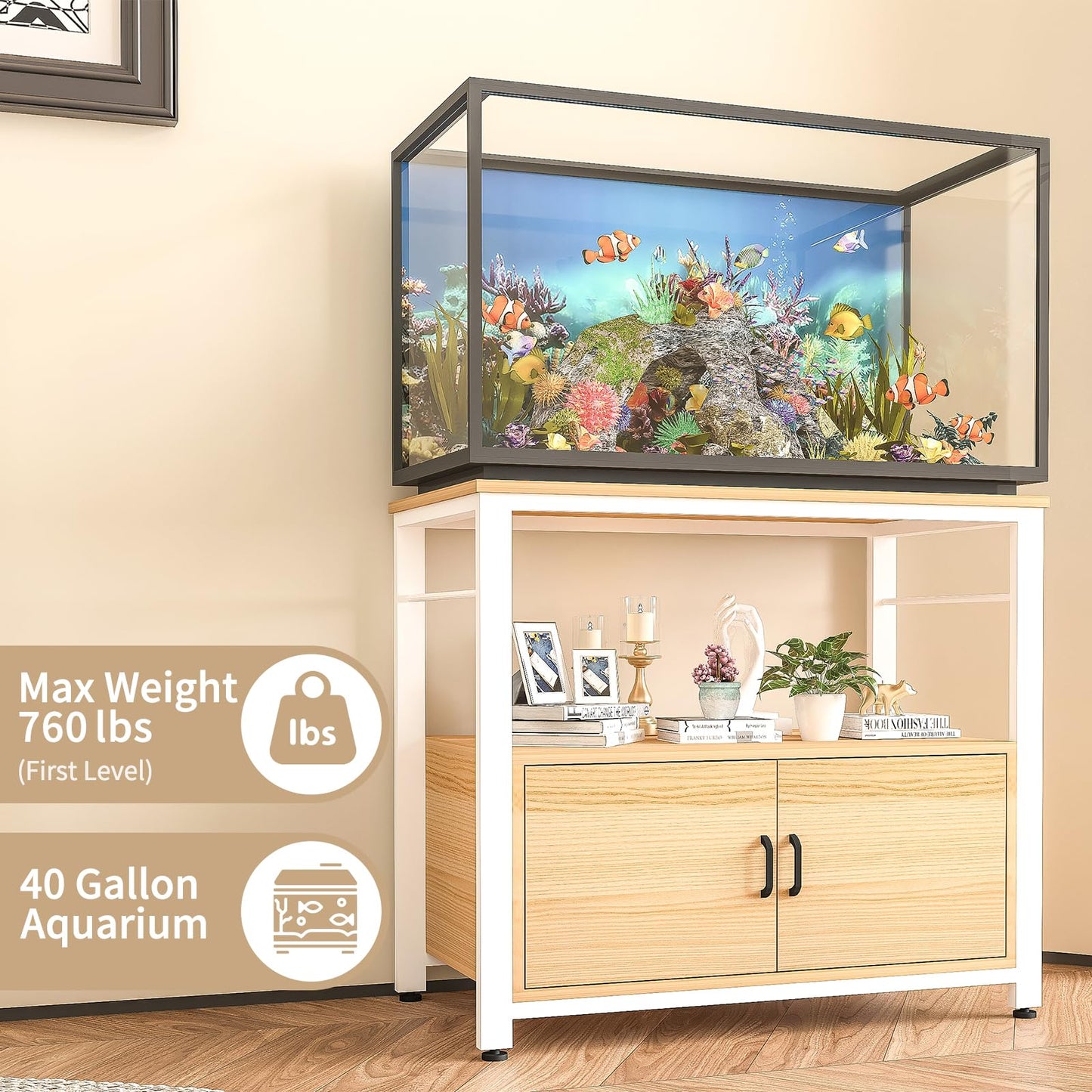 Avolander Fish Tank Stand Metal Aquarium Stand with Cabinet Accessories Storage 40-50 Gallon, Double Layer Metal with Storage Weight Capacity 760lbs, White Walnut Brown - WoodArtSupply