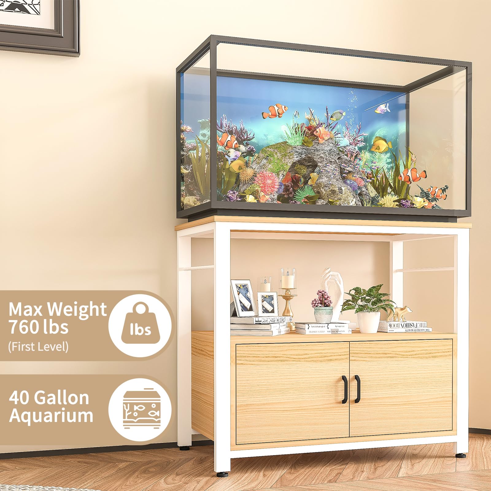 Avolander Fish Tank Stand Metal Aquarium Stand with Cabinet Accessories Storage 40-50 Gallon, Double Layer Metal with Storage Weight Capacity 760lbs, White Walnut Brown - WoodArtSupply