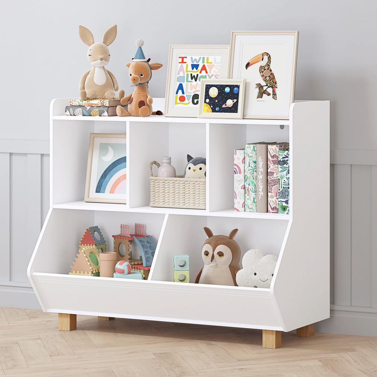 UTEX Toy Storage Organizer, Kids Bookshelf and Toy Storage with Legs, 5 Cube Storage Organizer, Children Bookcase for Kids Room, Living Room, Nursery,White UTEX