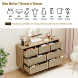 Trironsun Rattan Dresser for Bedroom 7 Drawer Wide Dresser Natural Boho Chest of Drawers Modern Wood Storage Dressers with Golden Handles for Living Room Closet Hallway Trironsun