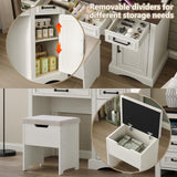 Diwnnue Farmhouse Vanity Makeup Desk, 43" W Vanity Desk with Lights Mirror and Drawers for Makeup, Big Modern Vanity Table Set with Vanity Stool for Bedroom, Antique White Diwnnue