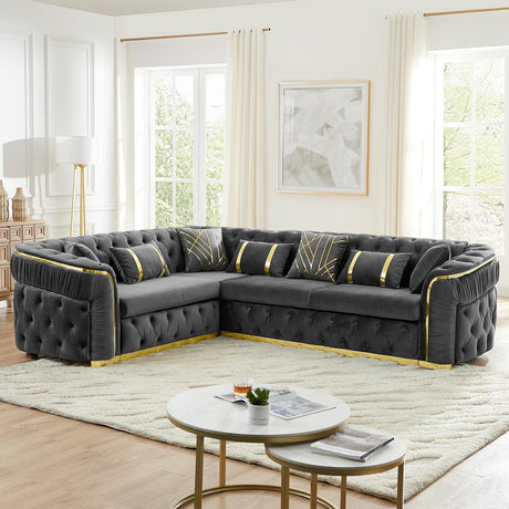110.5" Luxury Velvet L Shape Chesterfield Sofa Set with Glod Metal Accents, Oversize Victorian Curved Arm Sofa Sectional Couches for Living Room with 7 Pillows, Left Chaise, Gray WIN FORCE