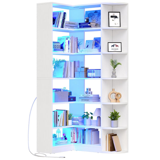 YITAHOME 6 Tier Corner Bookshelf with LED Light, White Bookshelf L-Shaped Bookcase Storage Display Shelf for Home Office, Living Room, White