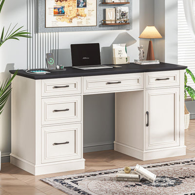 Farmhouse 59'' Executive Desk with Charging Station,Office Desks Computer Desk with 5 Drawers, Wood Workstation for Home Office and Study, File Drawers and Storage Cabinet, Black