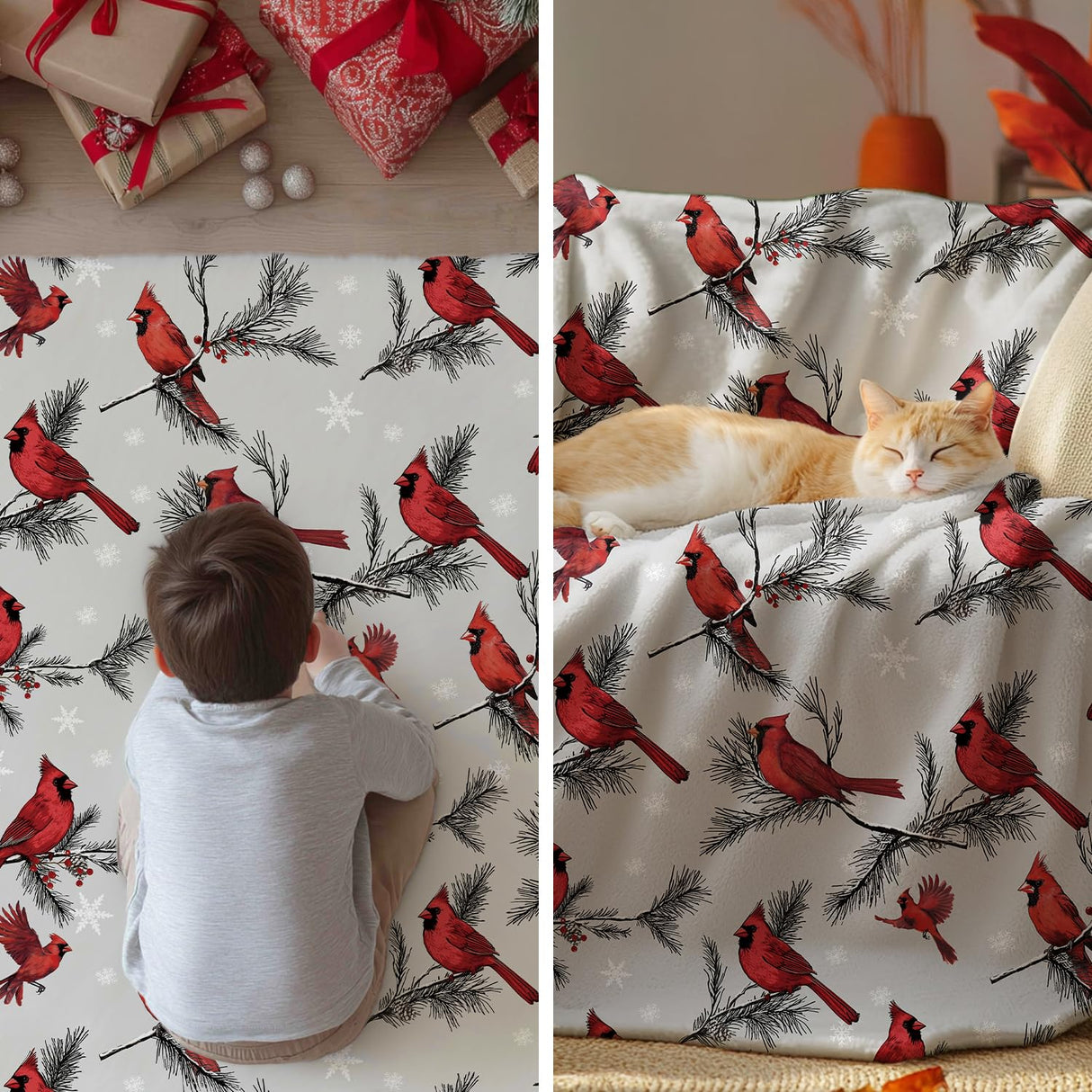 Horaldaily Christmas Flannel Blanket Throw, Cardinal Bird Pine Cone Soft Fuzzy Plush Cozy Fleece Blankets for Couch Sofa Bed Lounging, Ideal Gifts for Kids Adults Wife Self, 50x60 Horaldaily