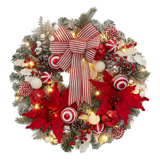 FairyLee Pre-Lit Christmas Wreath for Front Door, 24 Inch Large Lighted Wreath with Xmas Balls, Artificial Flower & Bow, Battery Operated Christmas Wreath for Fireplace Window Wall Decor, Red & White