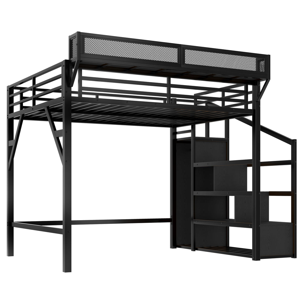 Metal Queen Size Loft Bed with Stairs and Wardrobe,Heavy Duty Loft Bed Frame with LED Lights and Charging Station for for Kids, Teens, Adults,Black Woodgrain Bellemave