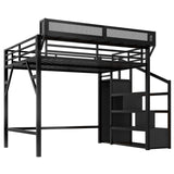 Metal Queen Size Loft Bed with Stairs and Wardrobe,Heavy Duty Loft Bed Frame with LED Lights and Charging Station for for Kids, Teens, Adults,Black Woodgrain Bellemave
