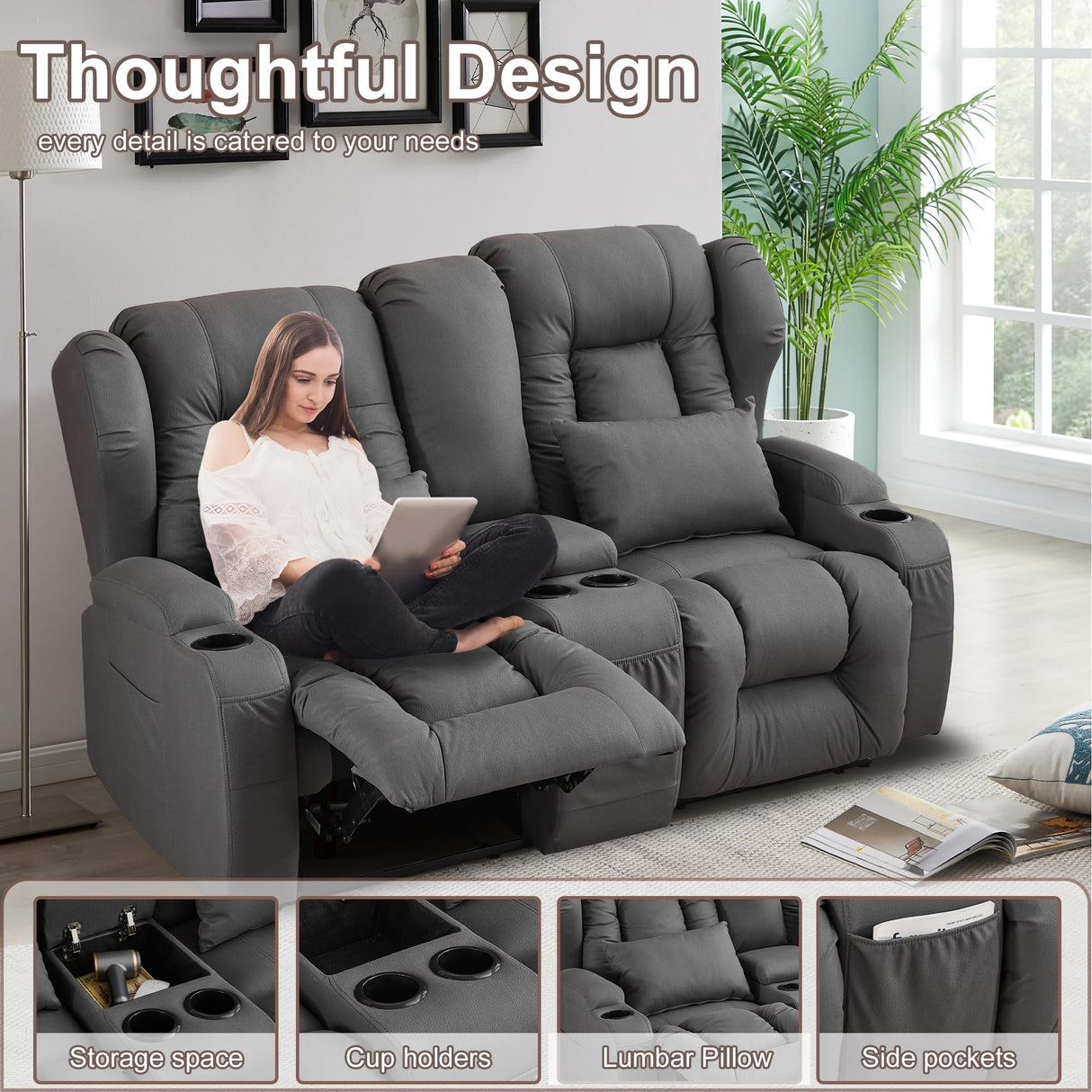 URRED Loveseat Recliner Sofa with Console, RV Manual Reclining Loveseat Couch Home Theater Seating with Cup Holders/Side Pockets/Pillows/Hide Storage for Living Room, Gray URRED