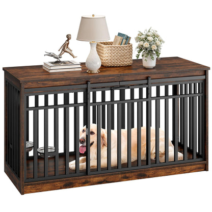 DWVO 55" Extra Large Dog Crate Furniture, Heavy Duty Metal Dog Kennel TV Stand with Sliding Door, Wooden Dog Cage Table with Dog Bowl for Extra Large Medium Dogs or 2 Small Dogs, Rustic Brown