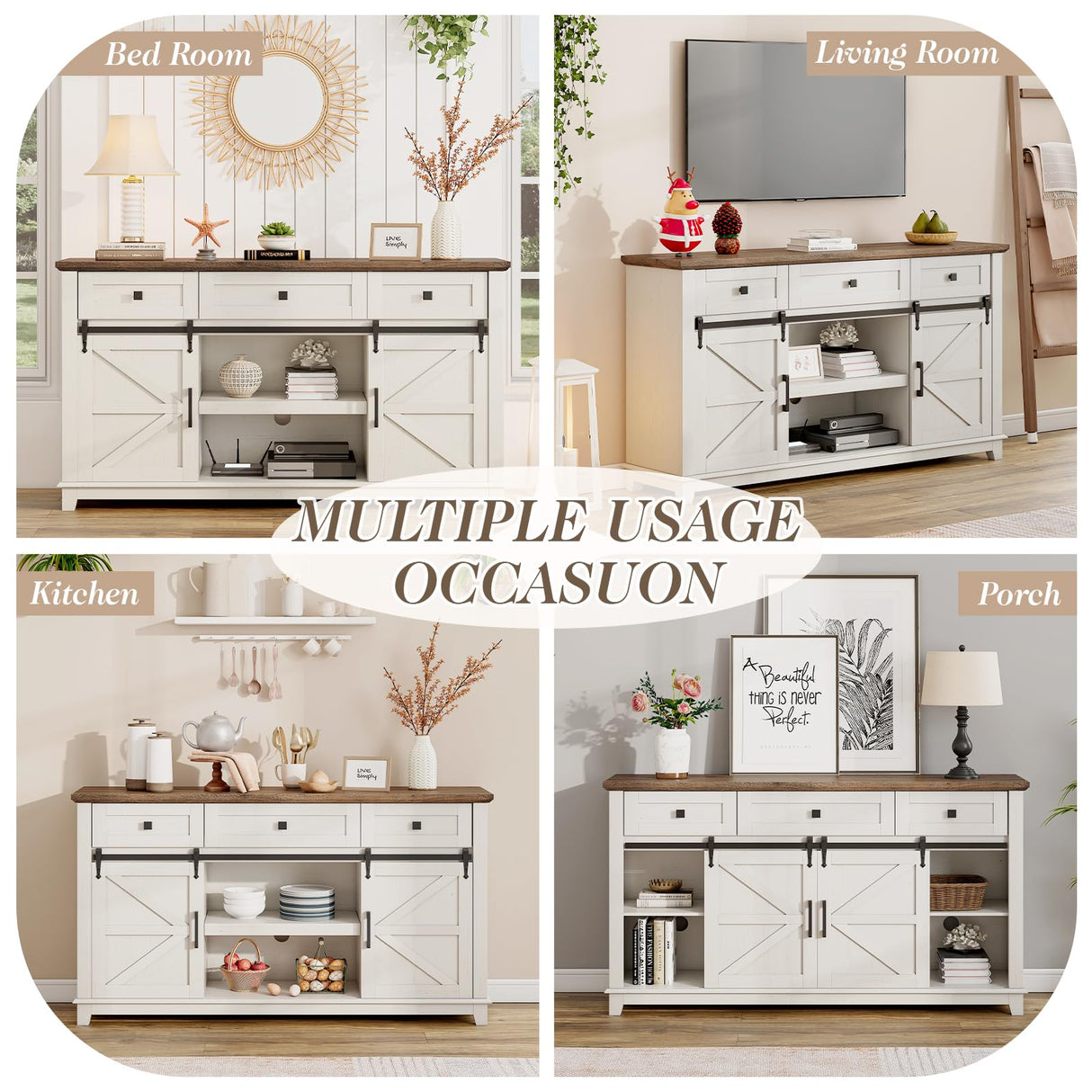 LUXOAK Farmhouse TV Stand with Sliding Barn Door & Drawer, 59" Rustic Entertainment Center for TVs up to 65", Buffet Storage Cabinet for Living Room, Bedroom, Dinning Room, White+Barnwood LUXOAK