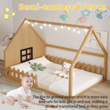 Full Size Floor Bed for Kids: Wood Montessori Bed with Fence & LED Light Full House Bed with Rails | Window Design for Girls Boys - Natural Mirightone