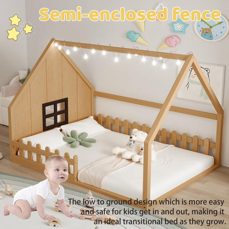 Full Size Floor Bed for Kids: Wood Montessori Bed with Fence & LED Light Full House Bed with Rails | Window Design for Girls Boys - Natural Mirightone