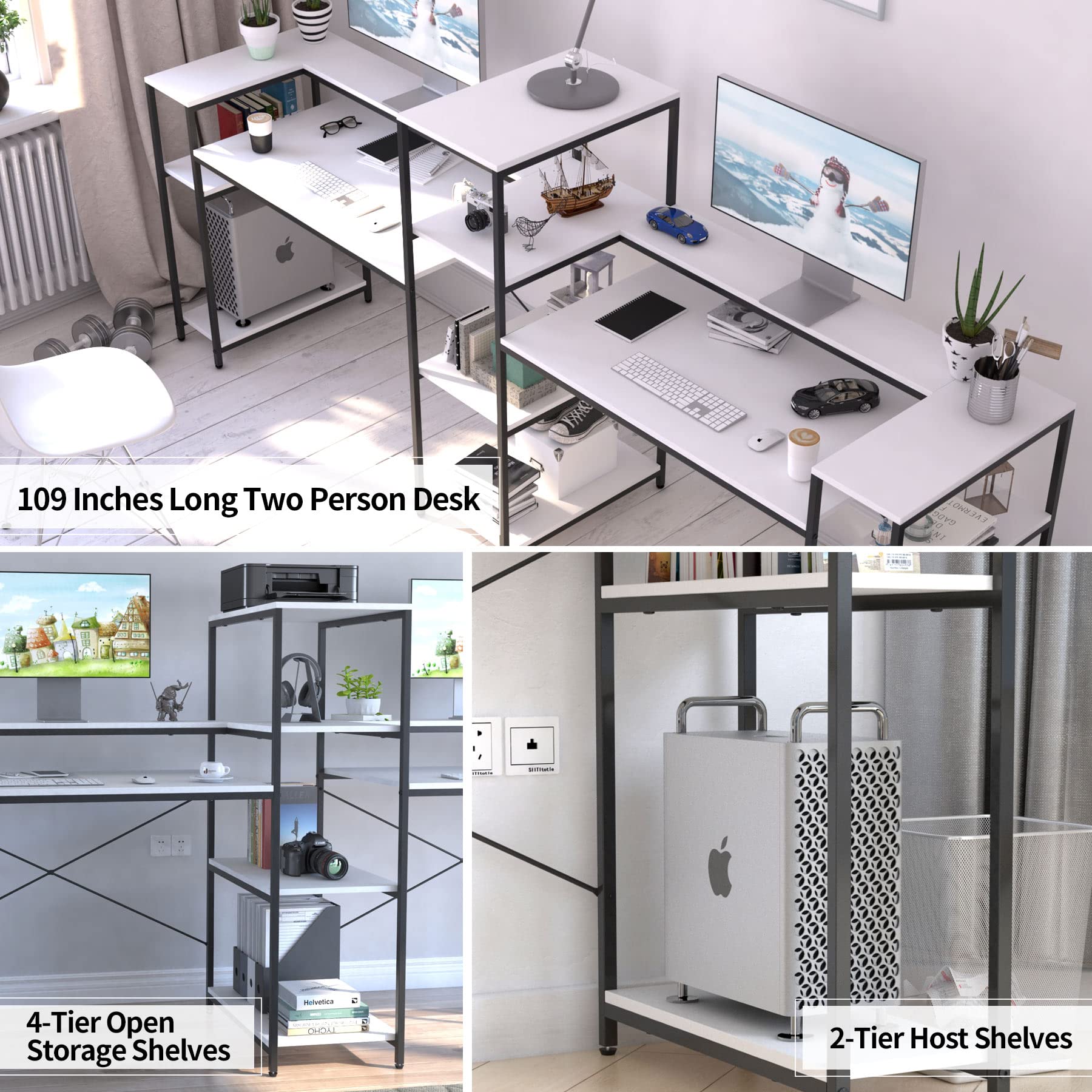 Extra Long White Double Computer Desk with Storage Shelves & Monitor Stand by HYPIGO - WoodArtSupply