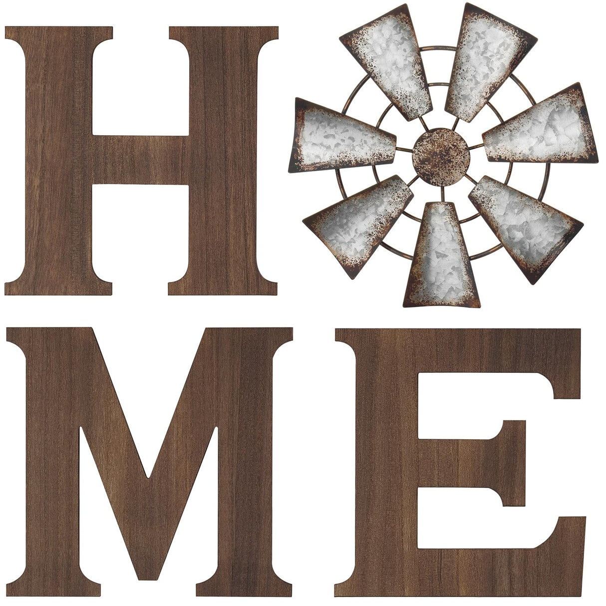 Mkono Farmhouse Wall Decor Wooden Home Sign with Metal Windmill for O Rustic Hanging Letters Decorative Art Signs Living Room Kitchen Bedroom Entryway House, Brown Mkono