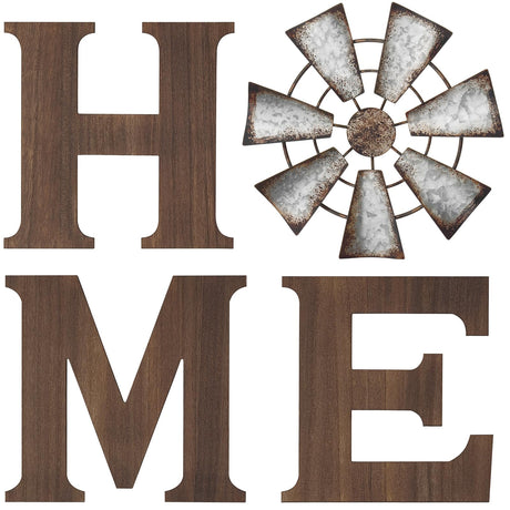 Mkono Farmhouse Wall Decor Wooden Home Sign with Metal Windmill for O Rustic Hanging Letters Decorative Art Signs Living Room Kitchen Bedroom Entryway House, Brown Mkono