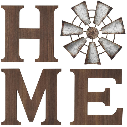 Mkono Farmhouse Wall Decor Wooden Home Sign with Metal Windmill for O Rustic Hanging Letters Decorative Art Signs Living Room Kitchen Bedroom Entryway House, Brown