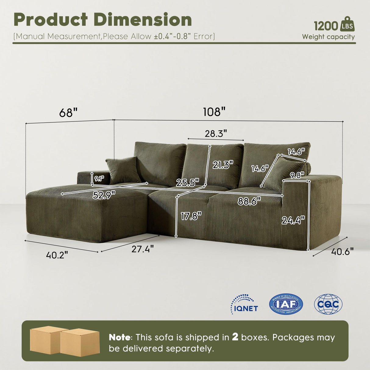 WESTSETLUX 108” Cloud Sectional Sofa Couch with High-Seat, Corduroy Modular Sofa with Oversized Chaise, High-Back Modern L-Shaped Couches for Living Room, No Assembly Required (Green) WESTSETLUX