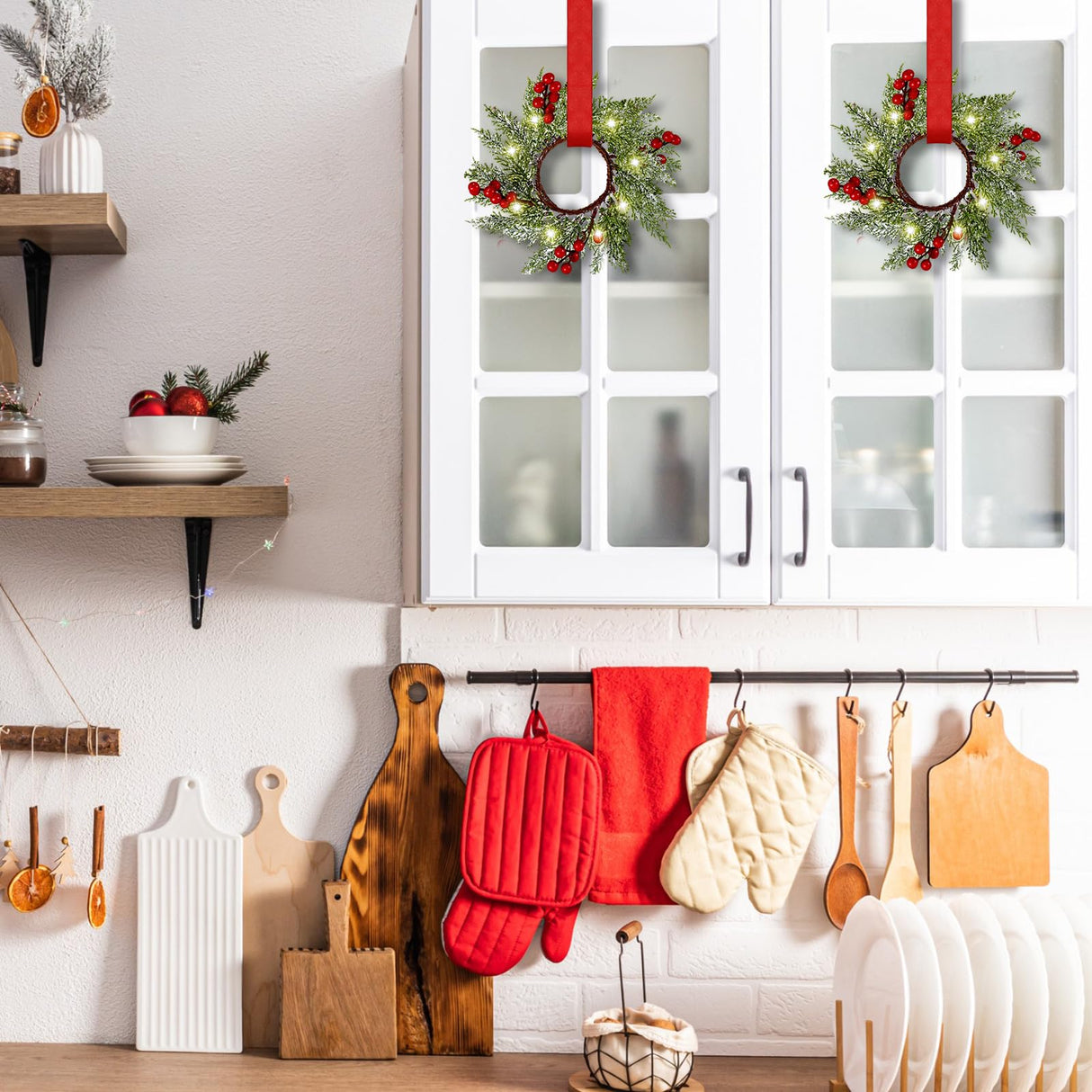 Xinnun 8 Pcs Christmas Kitchen Cabinet Wreaths with LED Lights and Red Ribbons 3.15 Inch Lighted Christmas Door Wreath Artificial Greenery Wreath with Red Berry Small Xmas Wreath for Wall Porch Window Xinnun