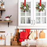 Xinnun 8 Pcs Christmas Kitchen Cabinet Wreaths with LED Lights and Red Ribbons 3.15 Inch Lighted Christmas Door Wreath Artificial Greenery Wreath with Red Berry Small Xmas Wreath for Wall Porch Window Xinnun