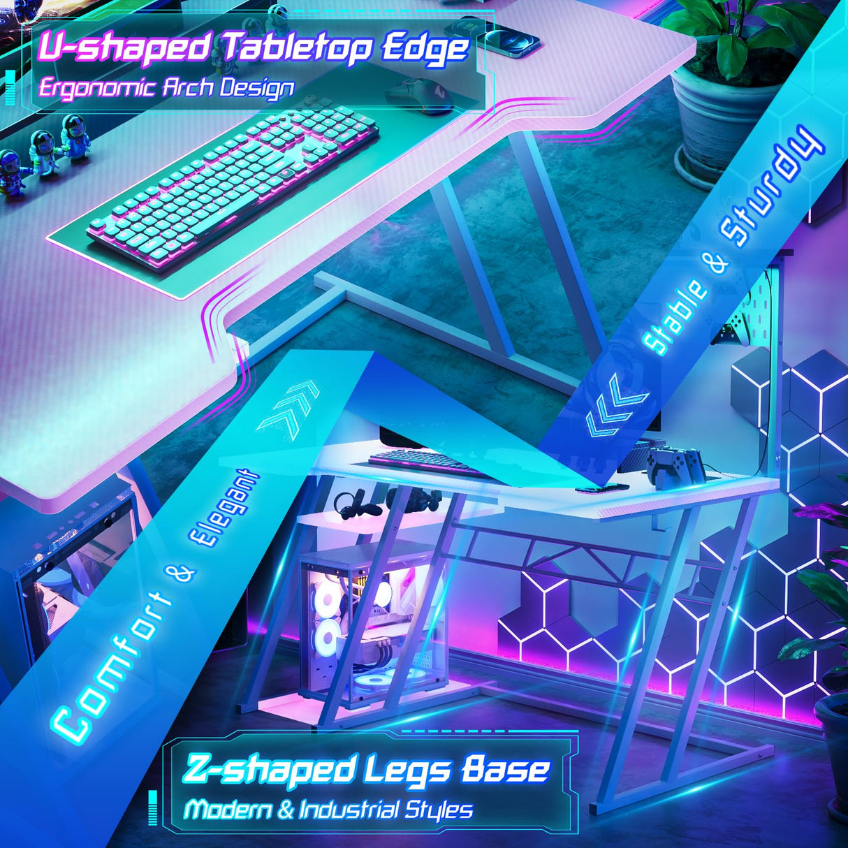 Gaming Computer Desk with Power Outlets, Gaming Desk with Hutch and LED Lights, Reversible PC Gaming Desk with Pegboard, Carbon Fiber Pink, 47" armocity