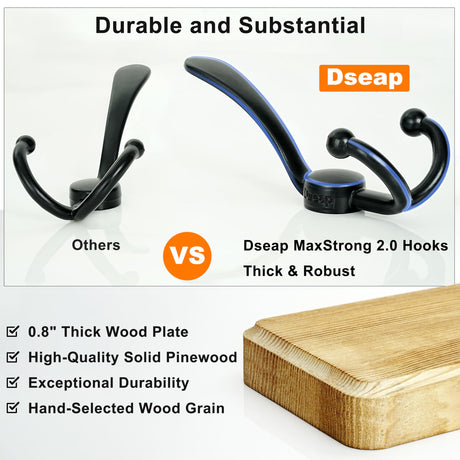 Dseap Coat Rack Wall Mounted - 10 Tri Hooks, 38-1/4" Long, Heavy Duty Wooden Wall Coat Hanger Coat Hook for Clothes Hat Jacket Clothing, Natural & Black Dseap