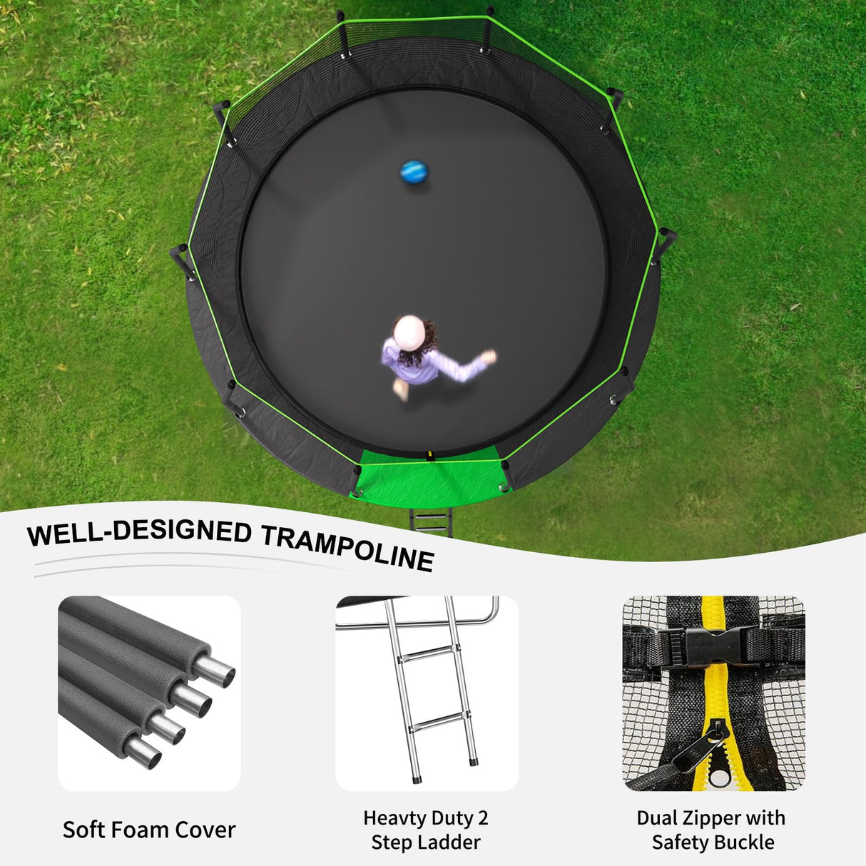 AOTOB 12 FT Kids Toddler Trampoline with Enclosure & Ladder, W-Shaped Leg with 70 pcs Springs for Maximum Elasticity - Perfect for Outdoor and Indoor Fun! AOTOB