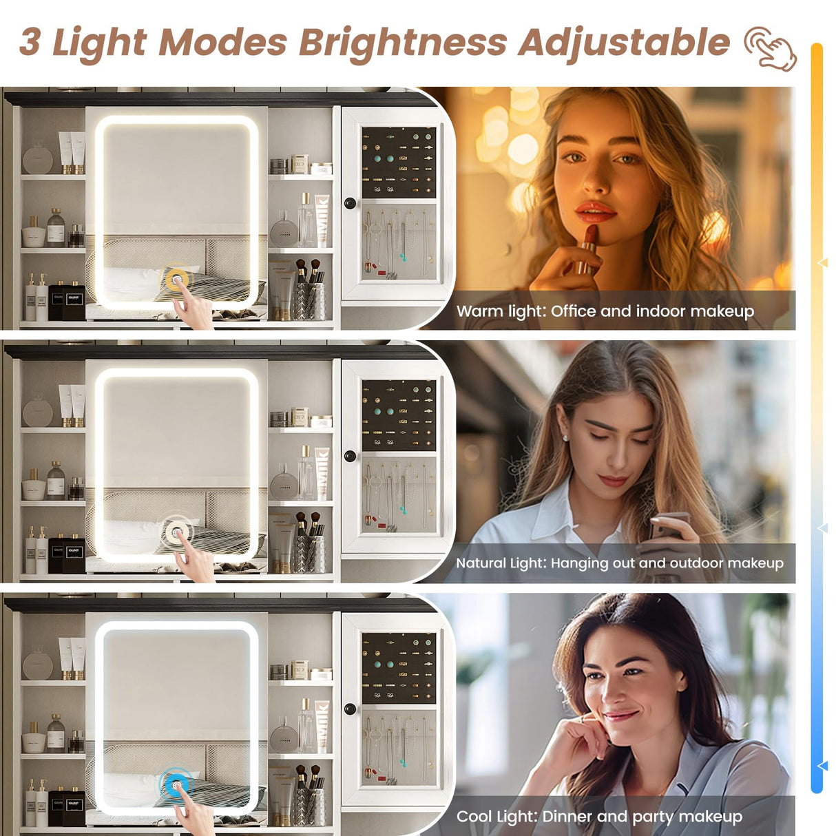 Maupvit Vanity Desk with Mirror and Lights, Makeup Vanity with 3 Drawers and Power Outlets, Farmhouse Makeup Vanity Desk with Lights, Dressing Table with Mirror for Bedroom, White Maupvit