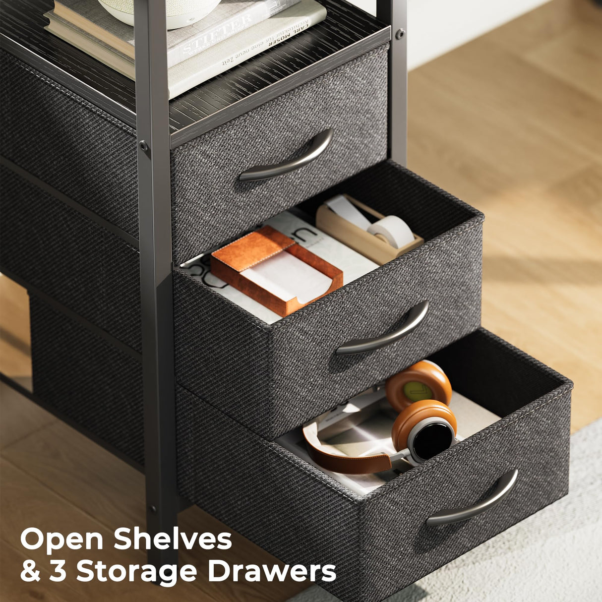 Huuger L Shaped Desk with Power Outlets, Computer Desk with 3 Drawers, 47 Inch Office Desk with Shelves, Gaming Desk, Corner Desk Work Desk for Home Office, Study, Black Huuger