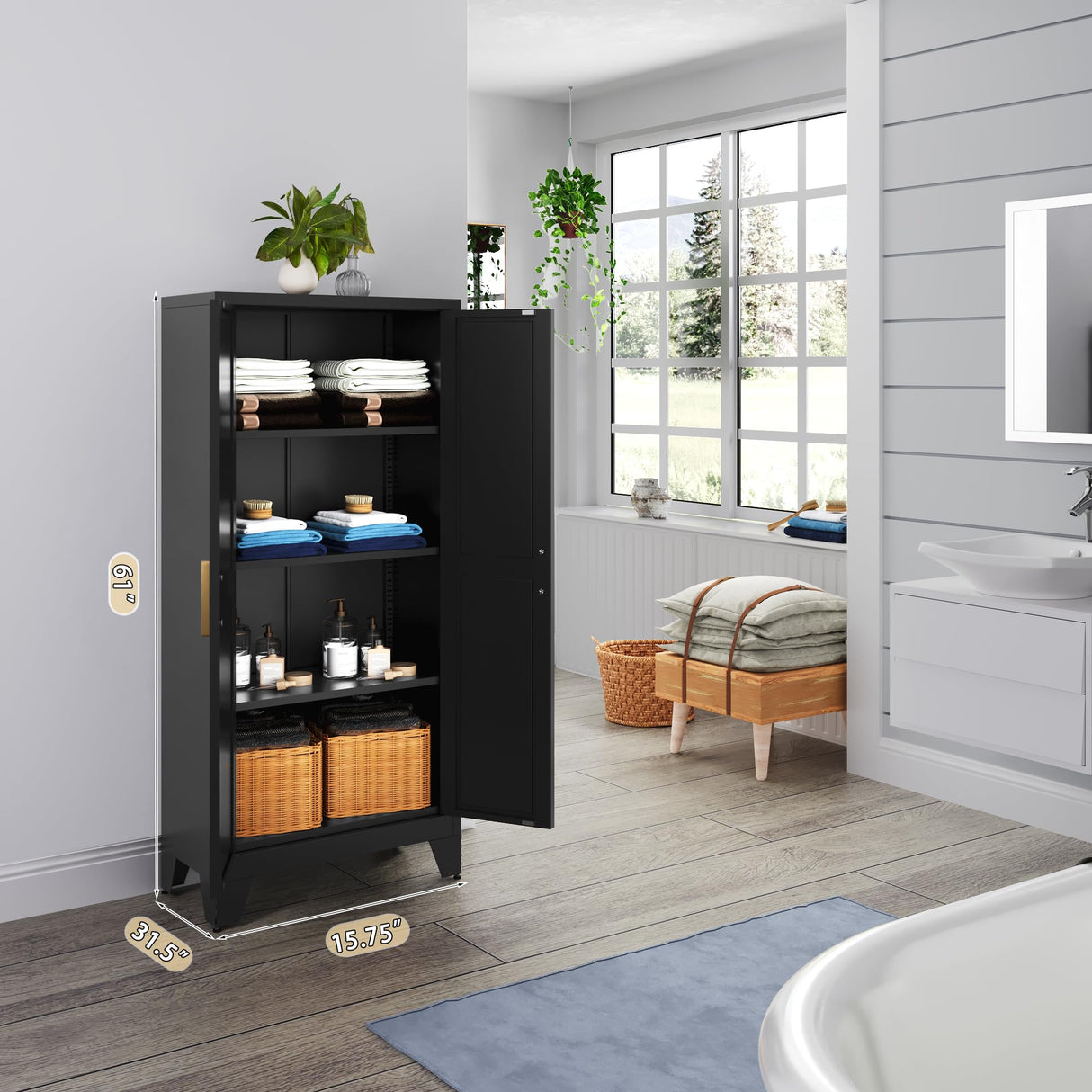 61" Tall Farmhouse Metal Pantry Cabinet, Kitchen Pantry Storage Cabinets with 2 Barn Door and Adjustable Shelves,Metal Pantry Storage Cabinet,for Kitchen,Laundry Room,Home Office,Kids Room (Black) Washsemba