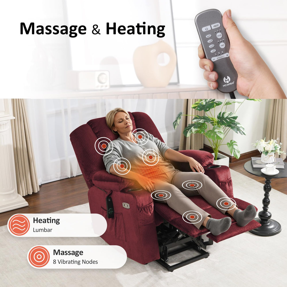 MCombo Small Power Lift Recliner Chair with Massage and Heat for Petite People, Cup Holders, USB Ports, Side Pockets, Fabric 7569 (Small-Regular, Burgundy) MCombo