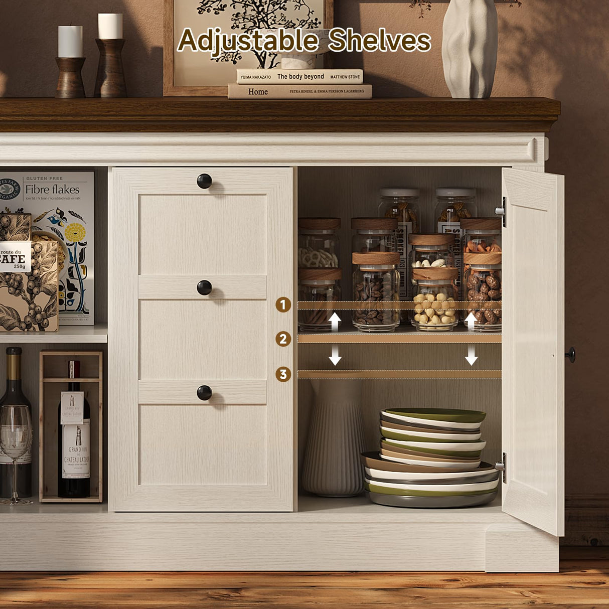 48 Inches Buffet Cabinet with Storage, 34" Tall Farmhouse Sideboard Buffet with 3 Drawers and 2 Doors, Wood Coffee Bar Cabinet with Adjustable Shelves, Credenza for Kitchen, Living Room, Antique White ONBRILL