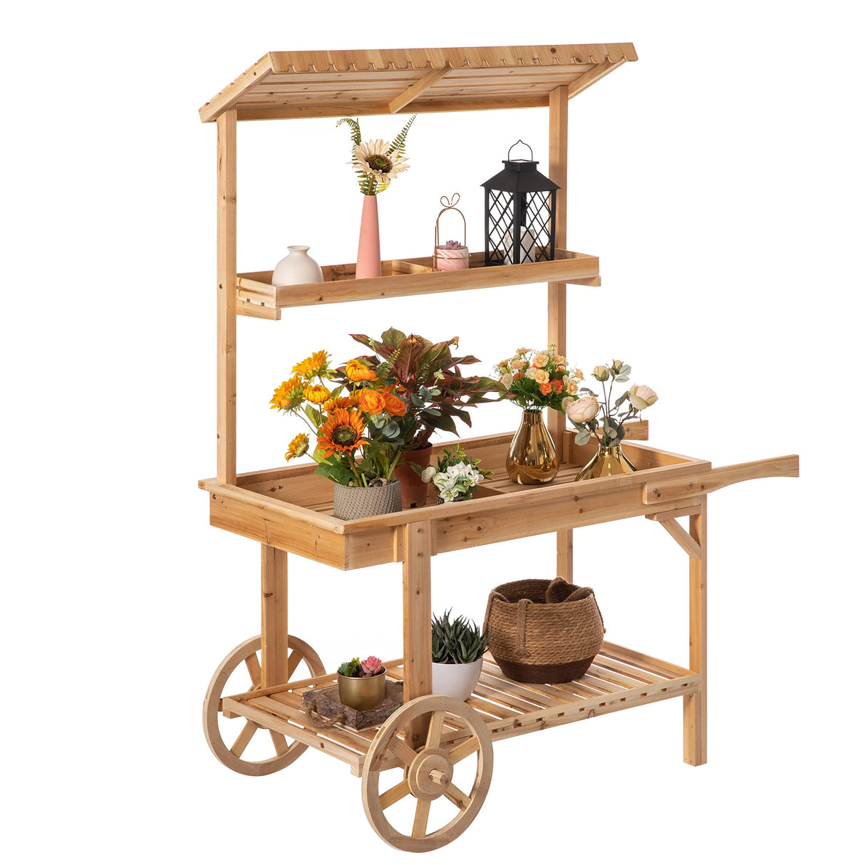 Antique Solid Wood Decor Display Rack Cart Wood Plant Stands with Wheels for Decor Display | 2 Wheeled Wood Wagon with Shelves for Plants and More Vintiquewise