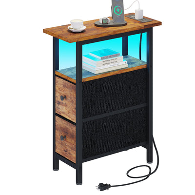 TRIFEBLE End Table with Charging Station, Narrow Side Table with 2 Fabric Drawers, Skinny Nightstand with LED Light, Slim Bedside Table for Bedroom, Living Room, Small Spaces, Rustic Brown
