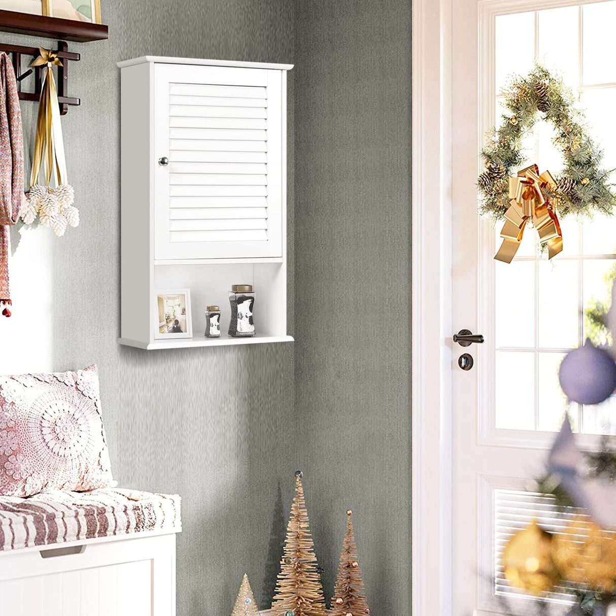 Tangkula Medicine Cabinet, Wall Mounted Bathroom Cabinet Single Door Wooden Bathroom Wall Cabinet with Adjustable Shelf Tangkula