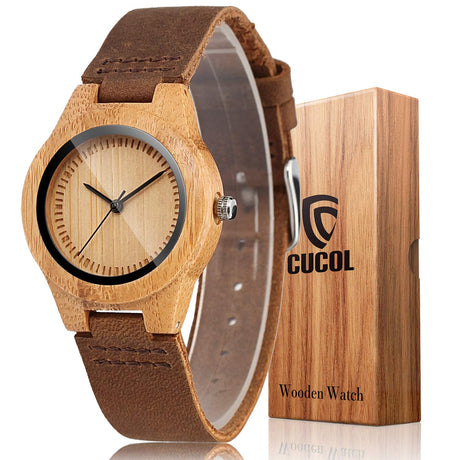 CUCOL Womens Wooden Bamboo Watches Brown Genuine Cowhide Leather Strap Wristwatch with Gift Box CUCOL