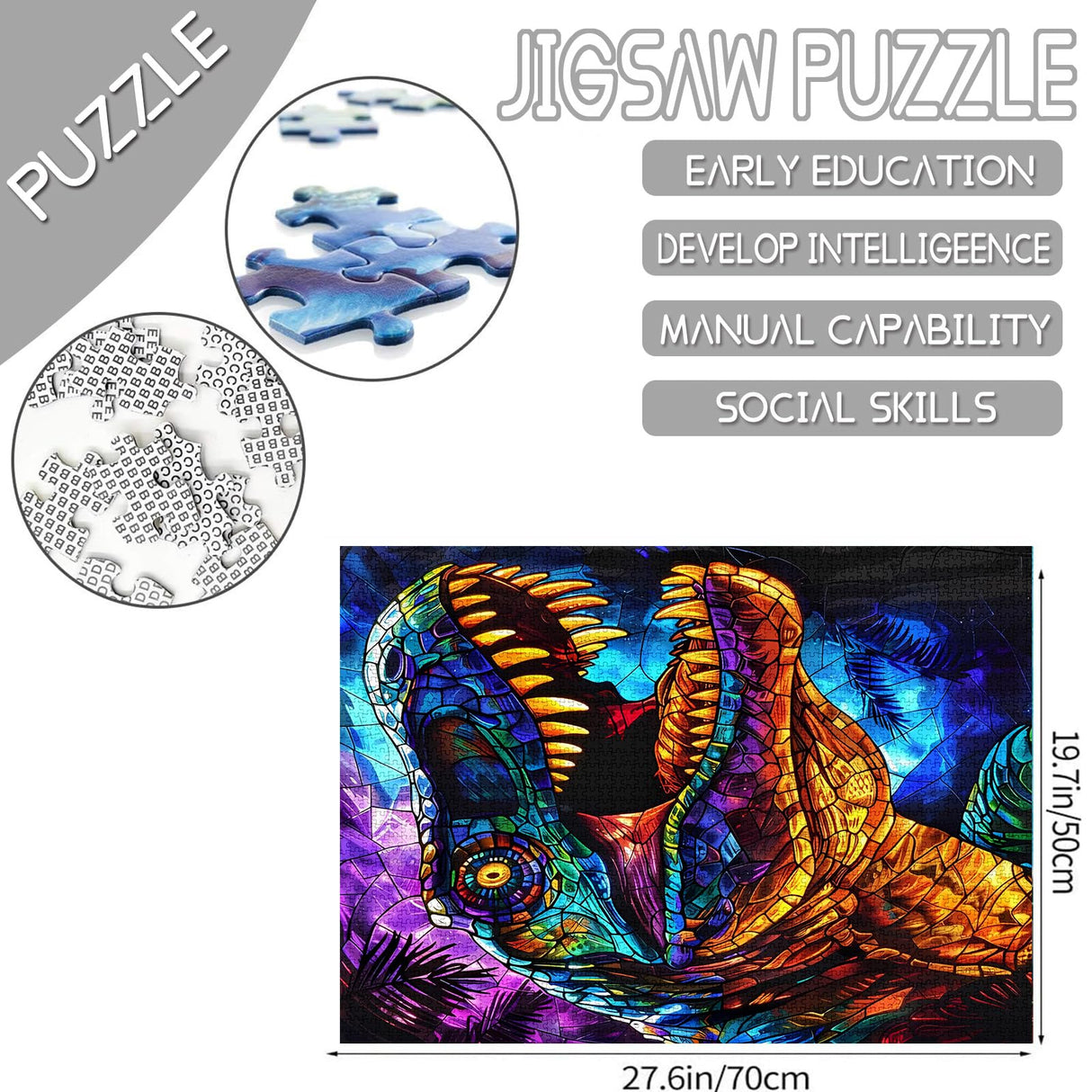 Glass Dinosaur Jigsaw Puzzle，T-Rex 1000 Pieces Jigsaw Puzzles for Adults，27 x 20 Inches Puzzles for Families，HD Quality Stained Glass Dinosaur Photo Puzzle Gift，Family Activity Perfect for Game Nights Tucocoo