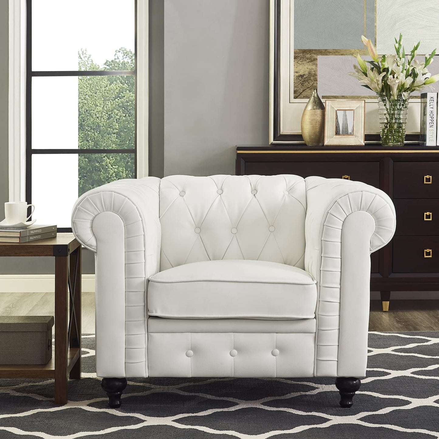 Naomi Home Chesterfield Sofa Set Living Room Chair Juegos Leather Couch Sofa Chair for Bedroom Modern Chesterfield Tufted Leather Chair Leather Sofas for Living Room (3 Piece Sofa Set, White) - WoodArtSupply