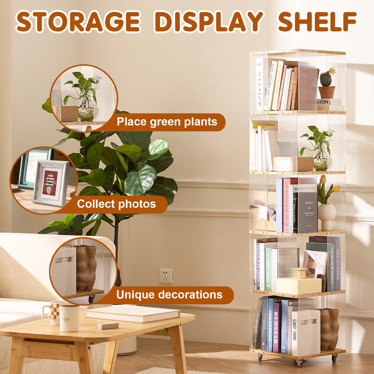 ZHUMUJIAJU 6-Tier Rotating Bookshelf- 360° Spinning Bookshelf Tower Kids, Tall Narrow Bookshelves with Wheels, Acrylic Clear Bookcase, Modern Storage Organizer for Home Office, Living Room, Bedroom ZHUMUJIAJU