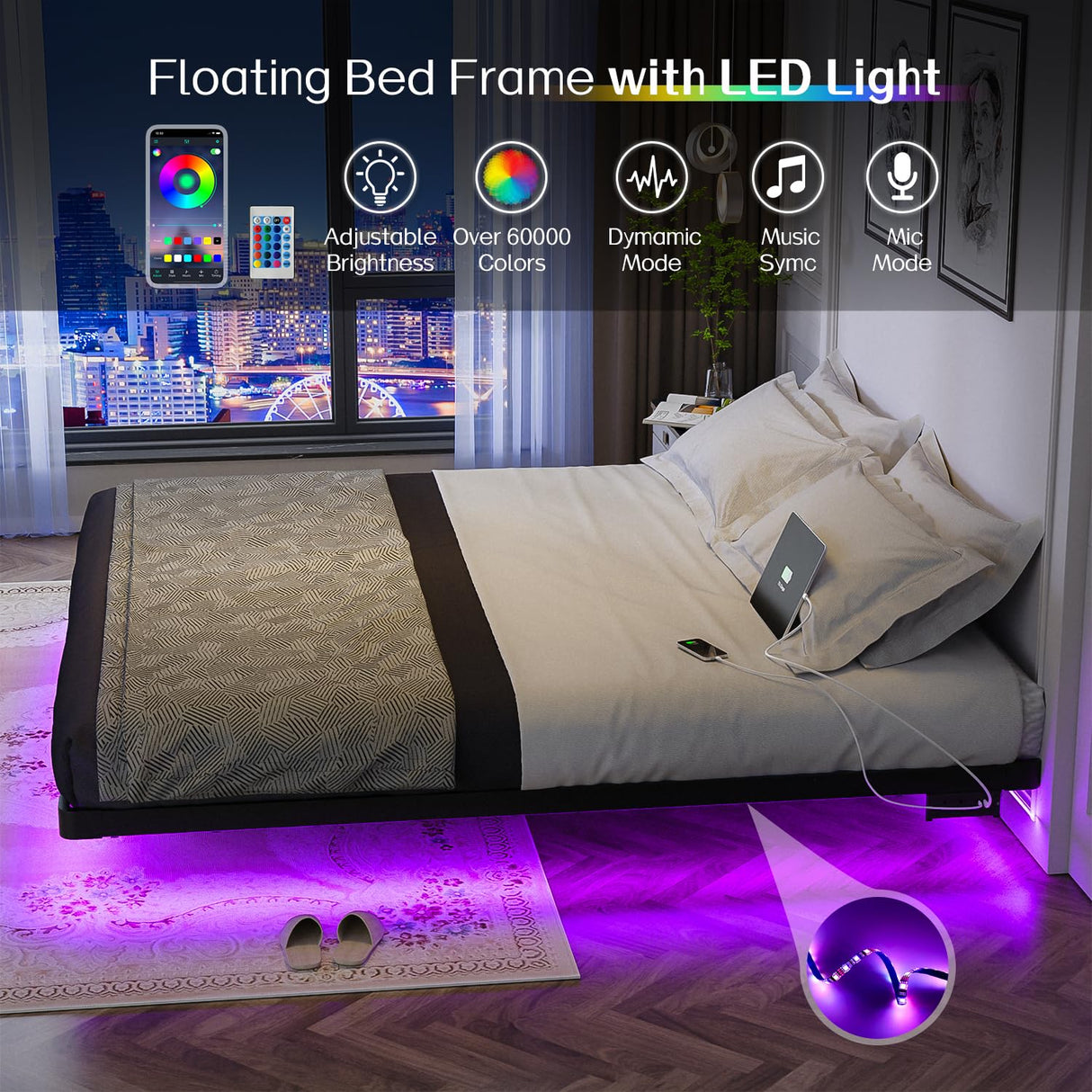 OLEVS King Size Floating Bed Frame, Metal Platform, with LED Light and Charging Station, No Box Spring Needed, Noise-Free, Easy Assembly OLEVS