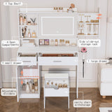 Viaozutis Vanity Desk with Mirror and Lights, with Hidden Shelves,4 Compartments,2 Drawers,Cabinet & Stool,Dimmable LED Lights,Power Outlets, Ideal for Bedroom Vanity Organization(White) Viaozutis
