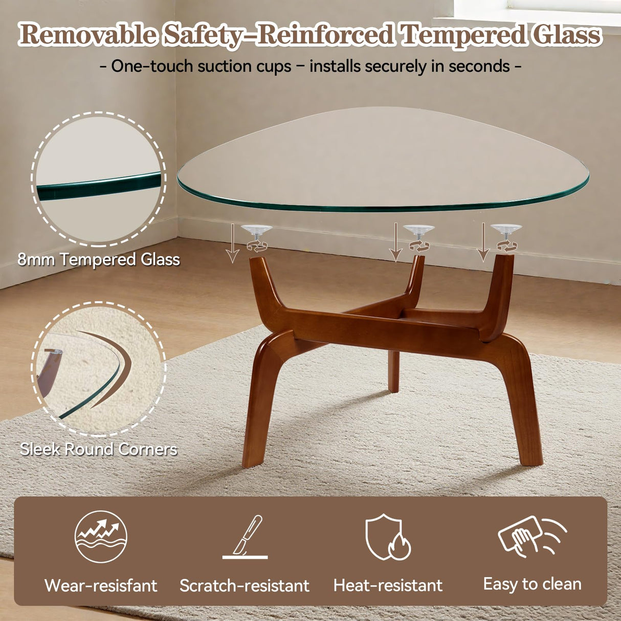 Glass Coffee Tables for Living Room, Triangle Coffee Table with Non-Tip Rubber Wood Base, Morden Tea Table with Tempered Glass Top | Perfect for Homes with Kids/Pets, Office, Apartment (Brown) DUO GE MAO