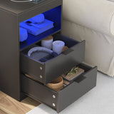 Tiptiper Black Nightstand with Wireless Charging Station and LED Lights, Bedside Table with 2 Drawers, Open Storage, 1 Pull-Out Tray, End Side Table with Charging Station, LED Night Stand with Storage Tiptiper