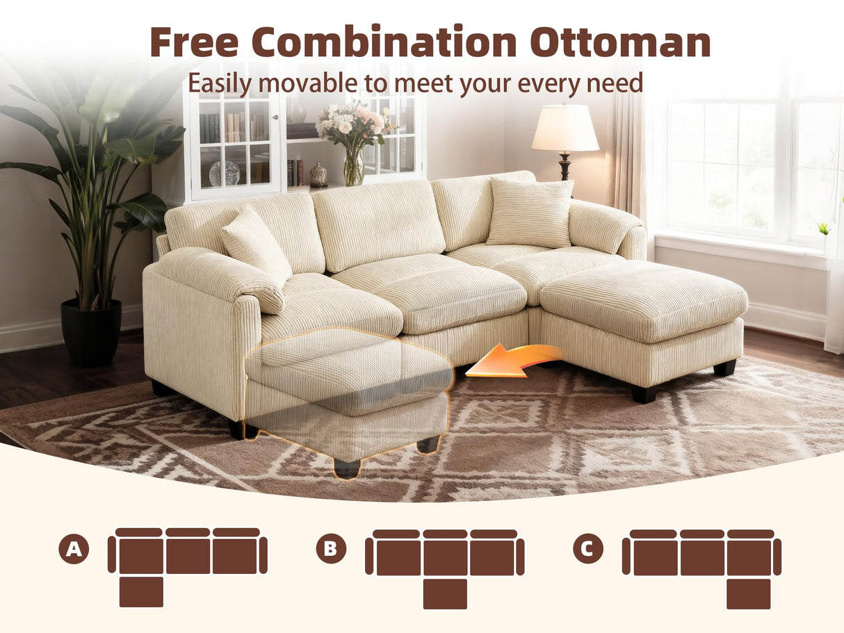BINGTOO Beige Modular Sectional Sofa with Movable Ottoman, 90” L Shaped Comfy Cloud Couch with 2 Pillows, 3-Seater Deep Seat Sofa for Living Room or Apartment, Beige BINGTOO